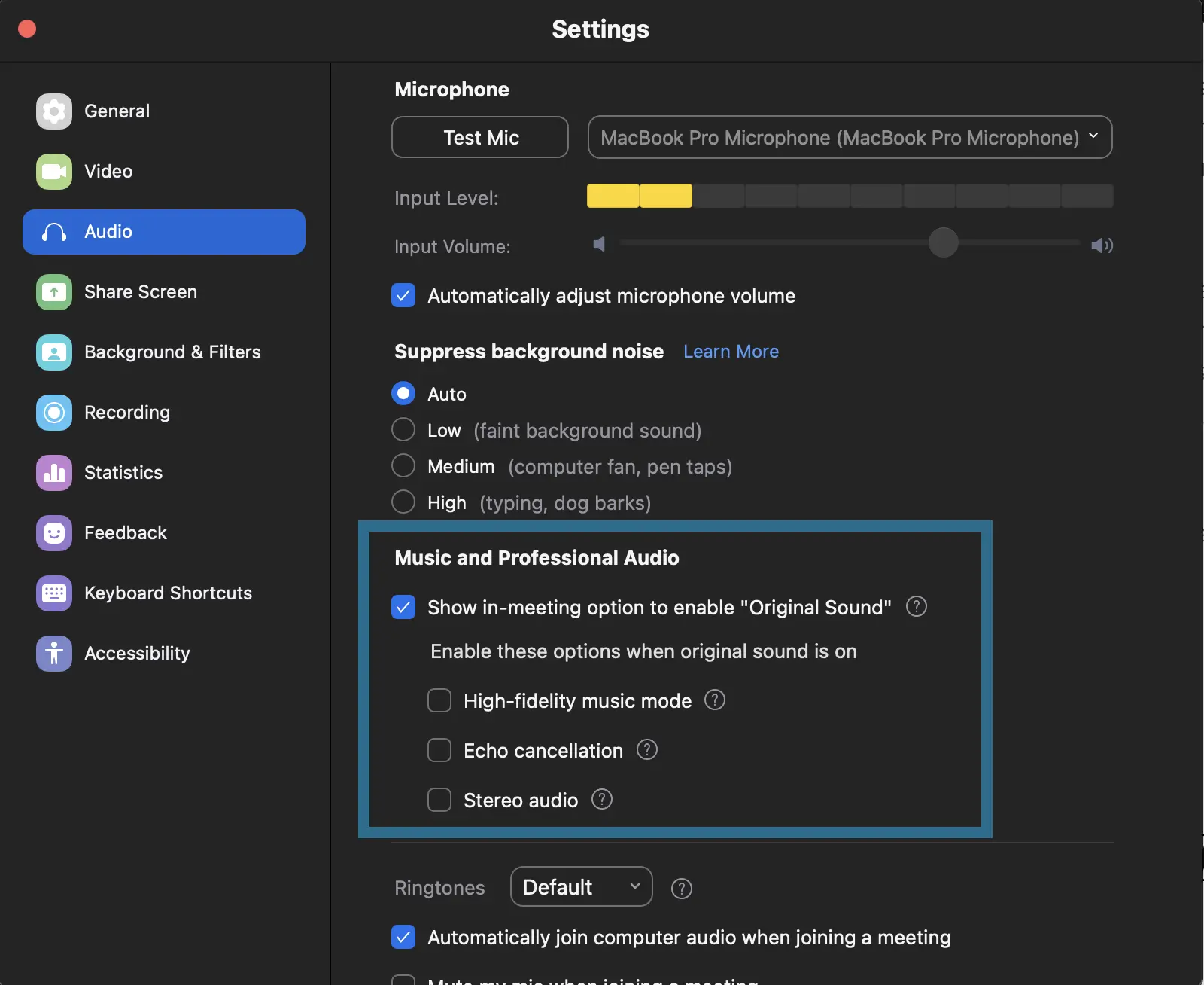 zoom settings to show 'Original Audio'