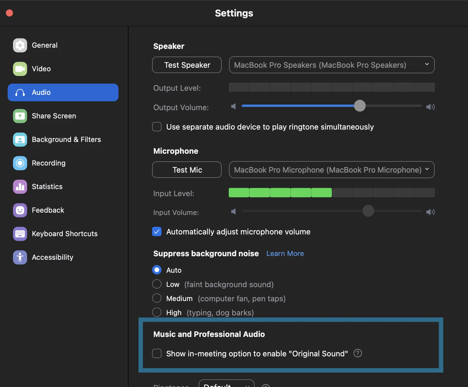 zoom enable professional audio setting